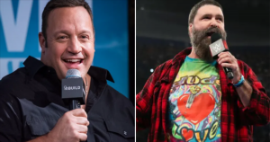 Kevin James and WWE legend Mick Foley are unrecognisable as wrestling teammates